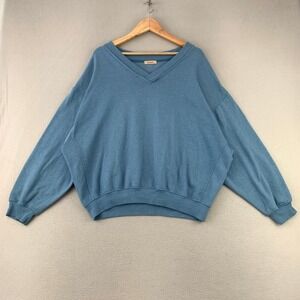 GOLDEN V-Neck Sweatshirt Women OS Blue Oversized Pullover Fleece Minimal Cotton